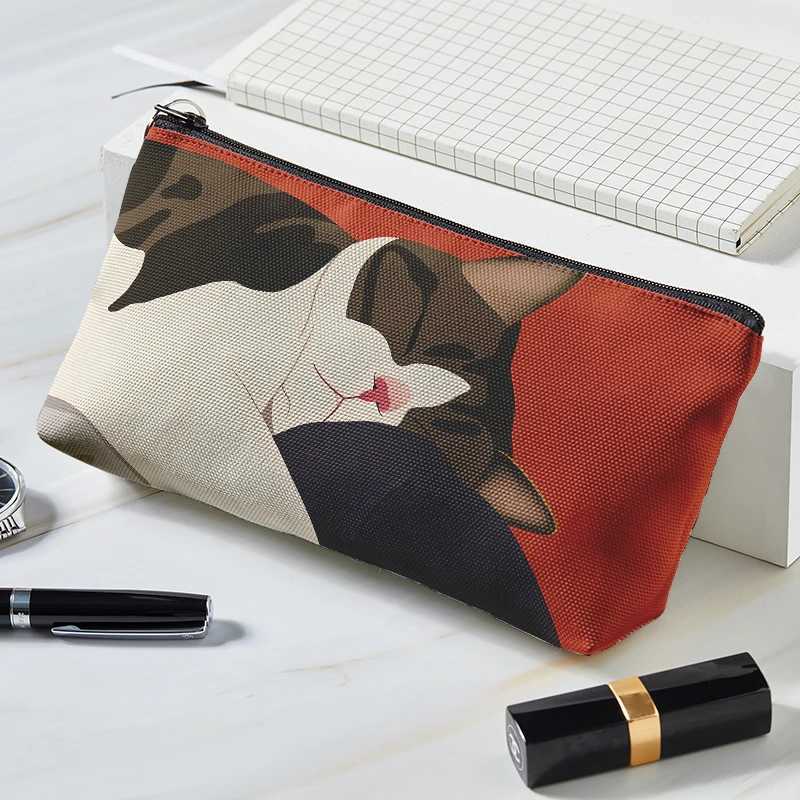 Japanese style makeup bag cute cat series printed canvas makeup bag large capacity portable makeup bag for girls and women W250109