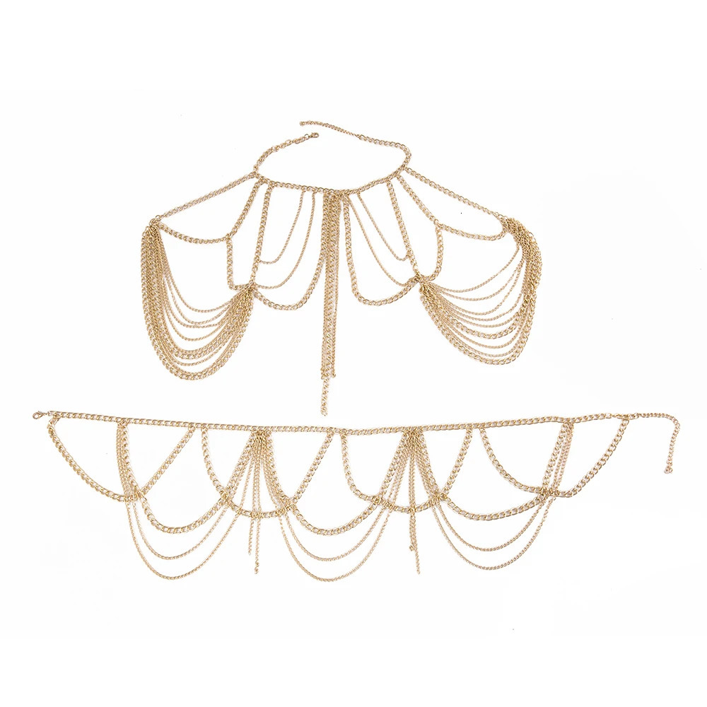 Fashion Jewelry Accessories ChestWaist Chain Set Heavy Metal Multilayer Tassel Gold Color Body Chain Necklace For Women 250107