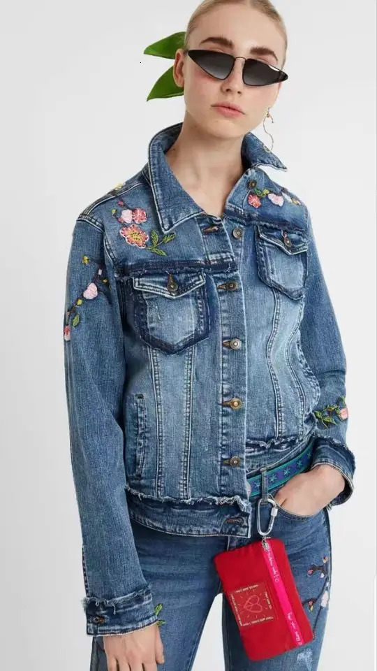 Spanish foreign trade womens denim jacket printed y process long sleeve stitching 250109