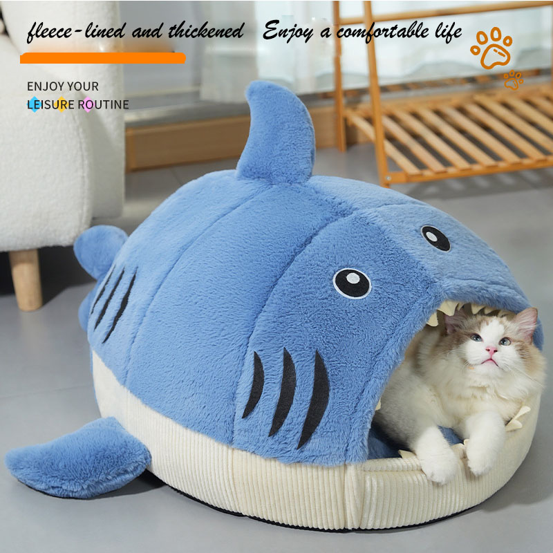 Cute shark cat house dog house plush toy pet all-season universal thickened winter warmth internet celebrity nest