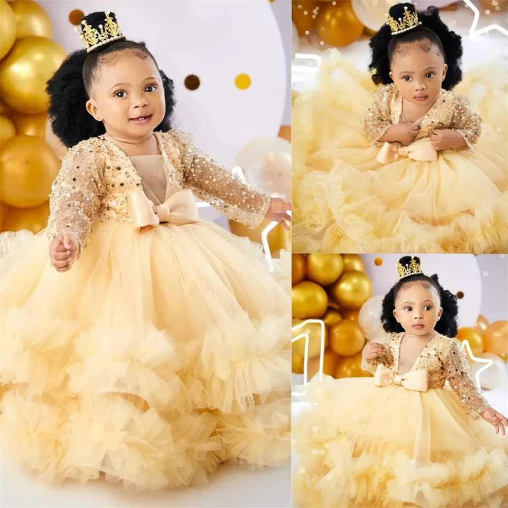 Beau Contest Sequined Pink Flower Girl Dresses V Neck Long Sleeves Lace Tiered Tulle Ball Gowns Flowergirl Dress BirthdayXJ250108