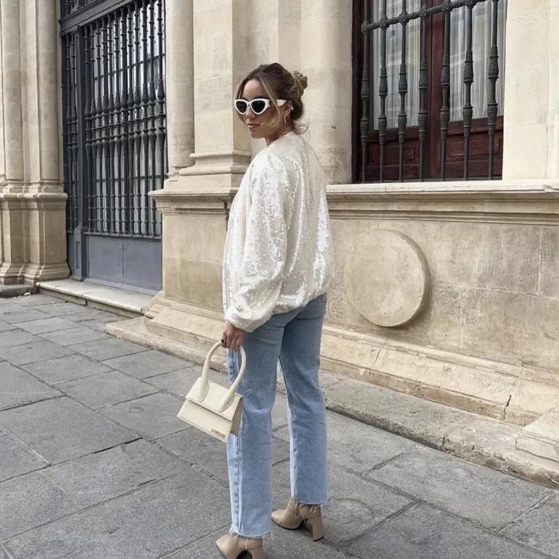Xpqbb y Sequin Bomber Jackets Women Fashion Shiny Round Collar Zipper Baseball Coat Female Streetwear Y2K Sexy Outerwear 250109
