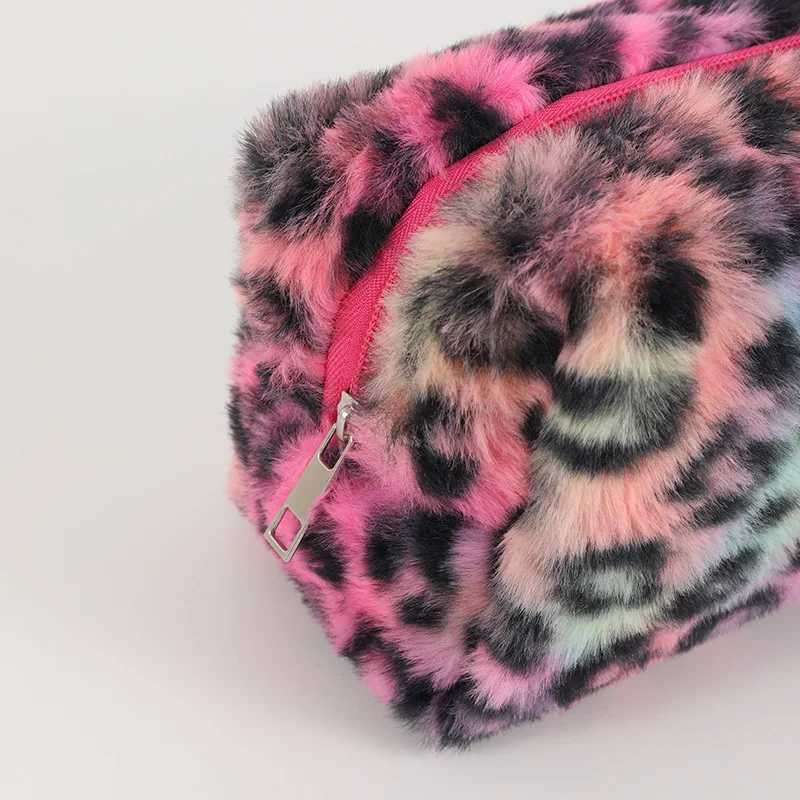 Leopard soft plush travel cosmetics lipstick brush storage bag toilet kit womens makeup handbag organizer bag pencil case W250109