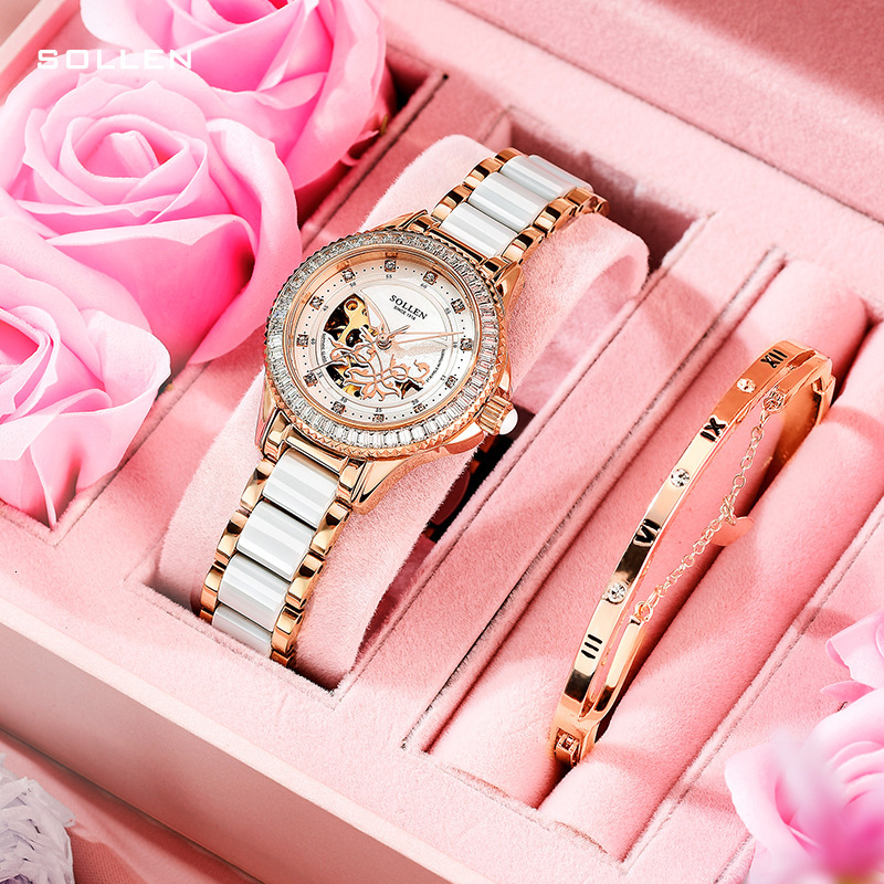 Trendy SOLLEN Women's Automatic Watch with Skeleton Dial and Ceramic Band