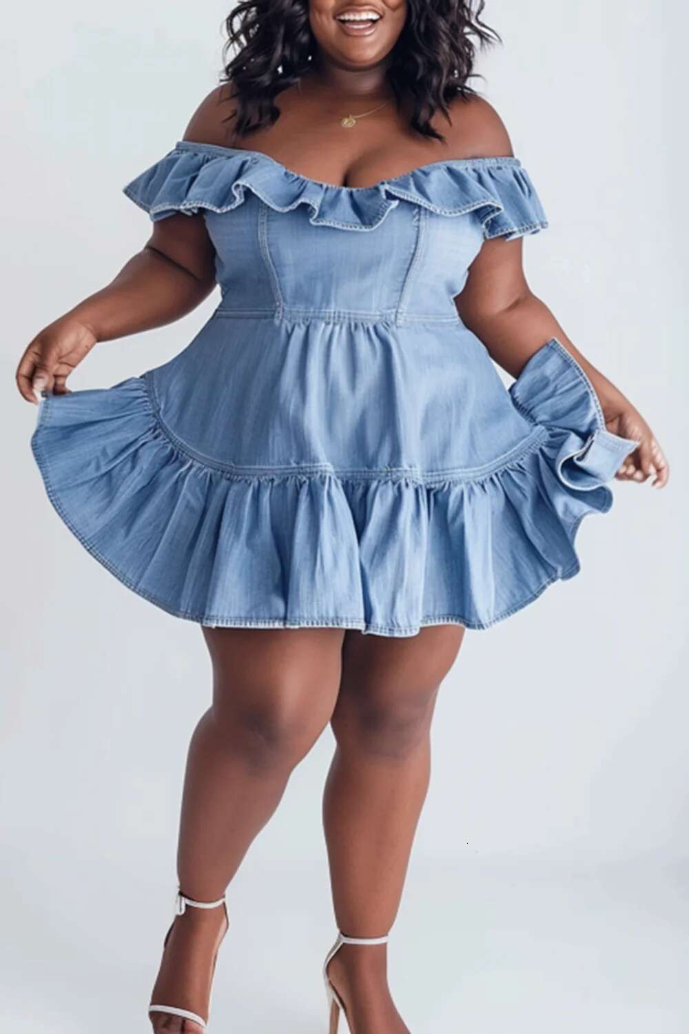 Plus Size Daily Light Blue Off The Shoulder Cap Sleeve Ruffle Denim Mini Dresses