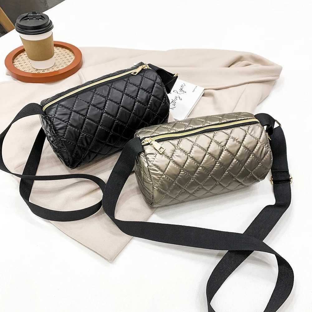 New Fi Cylindrical Crossbody Bags for Women Casual Cott Padded Lattice Bucket Messenger Bags Small Ladies Shoulder BagsXJ250108