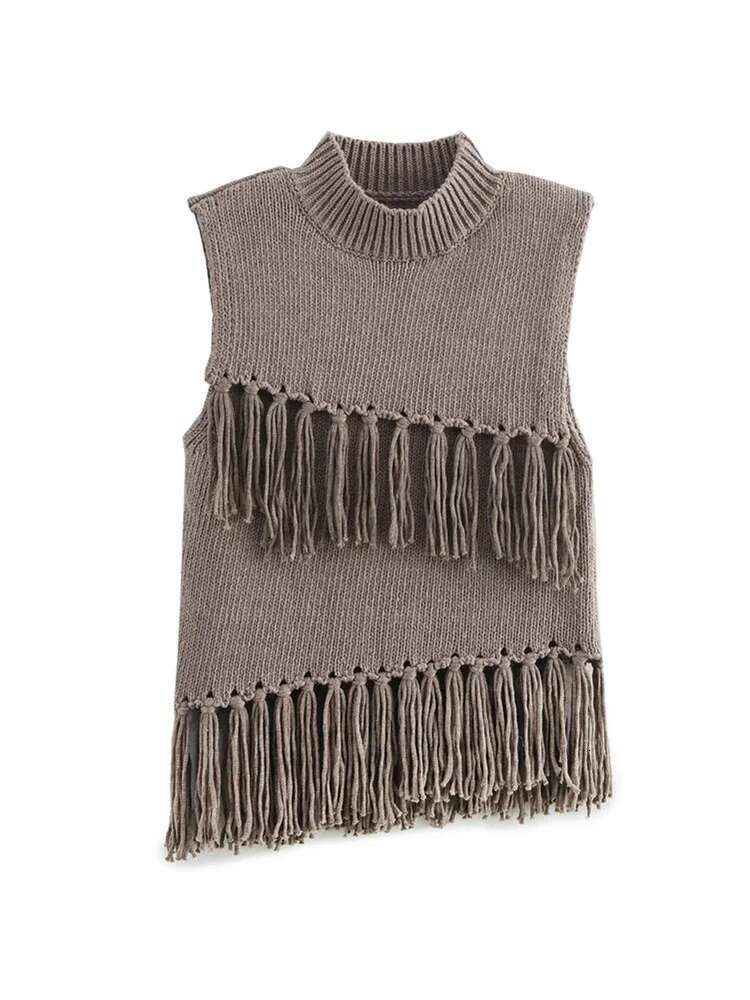 Zevity Women Fashion Sleeveless Cascading Tassel Knitting Vest Sweater Female Chic Stand Collar Waistcoat Pullover Tops Sw7311