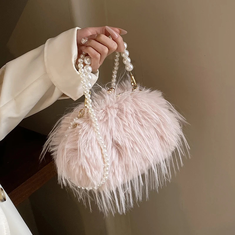 Small Soft Plush Beaded Shoulder Side Bag for Women 2023 Winter Fashion Trend n Handbags Clutch Bags 250107