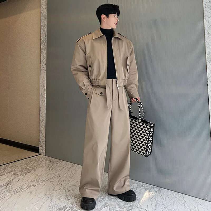 Stylish Double Zipper Design Casual Jackets Loose Straight Tube Pants Men's Trendy Two-Piece Sets Autumn New Ae0bff