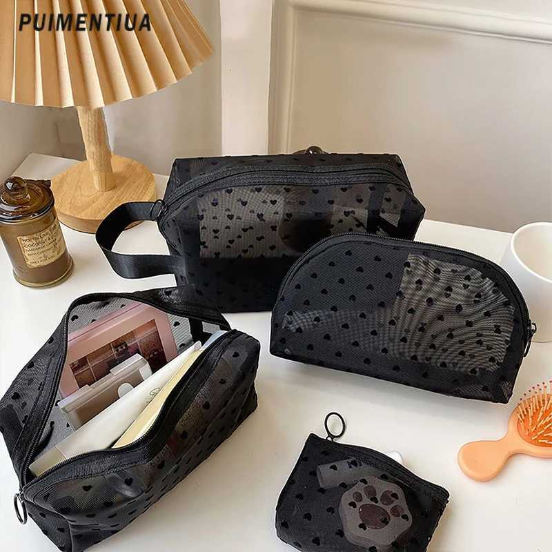 Love Print Black Mesh Cosmetic Bag Portable Toilet Organizer Cosmetic Bag Multi functional Transparent Female lipstick Storage Bag W250109