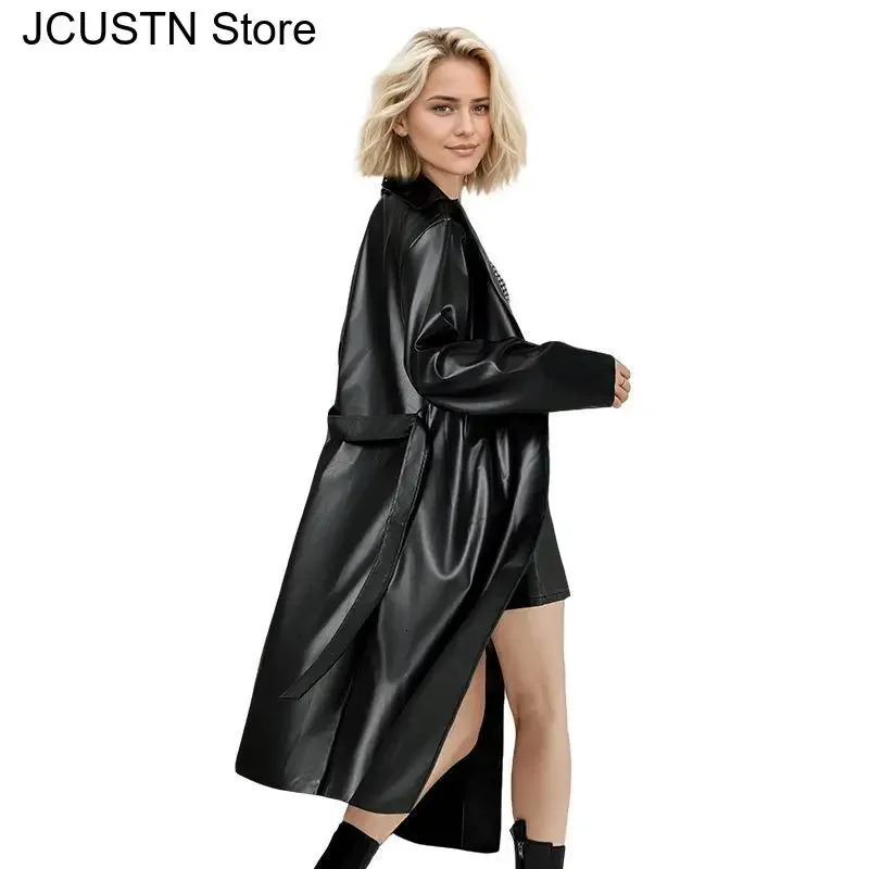 Long Faux Pu Leather Trench Coat Women Black Lapel Loose Fit Fall Stylish Jackets Casual Elegant Y2K Maxi Windbreak 250103
