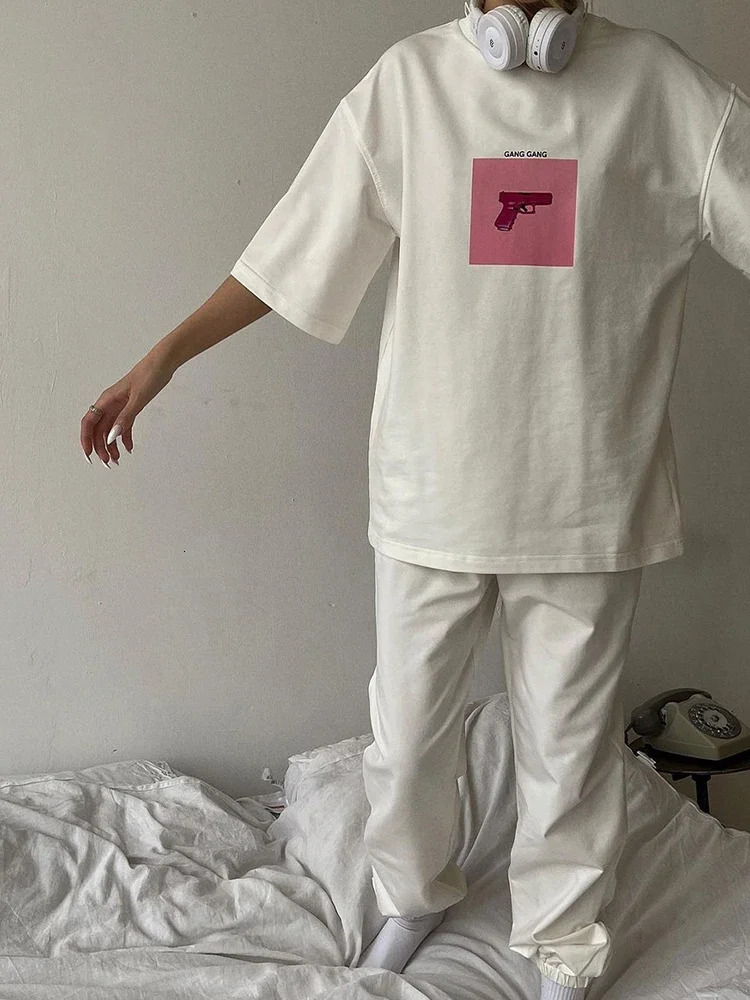 Hirsionsan Oversized Graphic T Shirt Women Summer Cotton Crewneck Short Sleeve Tees Female Casual Loose Higt Street Top 250108
