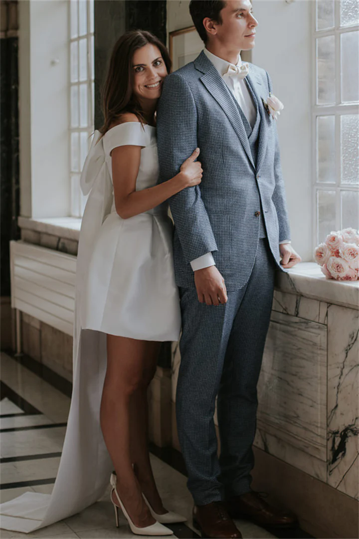 Customized Exquisite Satin Wedding Dresses Short Bridal Gowns Mini Length Brides Dress Robe de mariee Short Sleeves