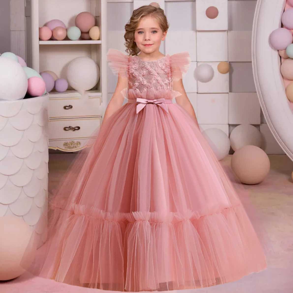 Summer White Tulle Girls Par Dress Children Costumes Long Par Bridesmaids Wedding Dresse for Girls Formal Princess Prom GownXJ250108