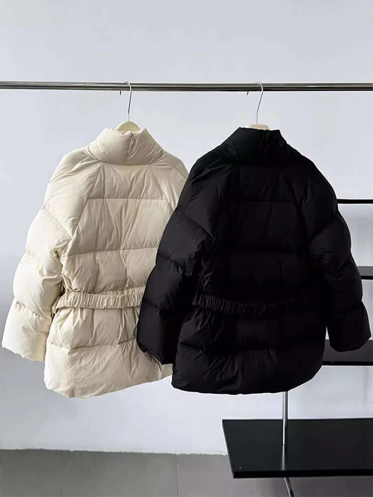 Lagabogy 2024 Winter Belt Waist-Tight Elegant Warm 90% White Duck Down Jacket Female Long Sleeve Solid Color V-Neck Puffer Coat