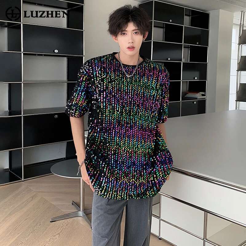 Colorful Sequin Design Personality Trendy Short Sleeved T-Shirts Summer New Original Fashion High Street Men Tops
