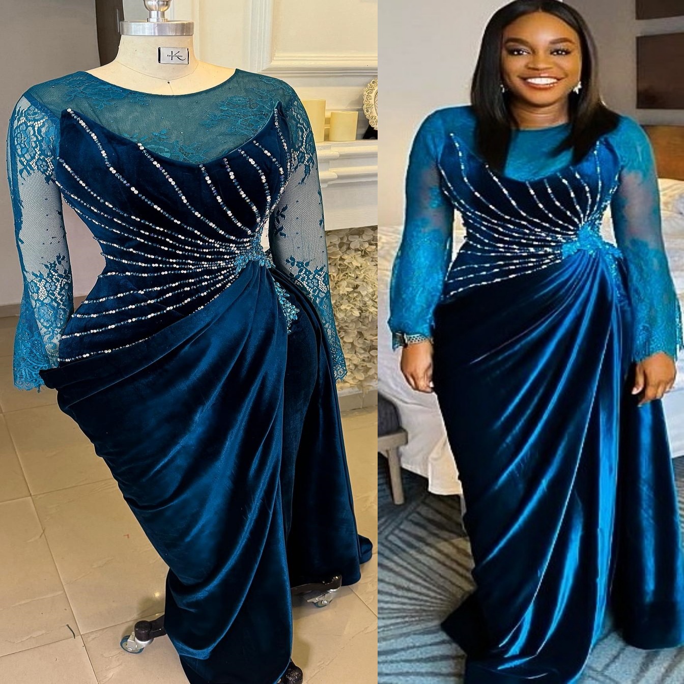 Navy Blue Mermaid Prom Dress: Lace, Beaded Veet, Formal Evening Gown for Special Ocns, Plus Size Available