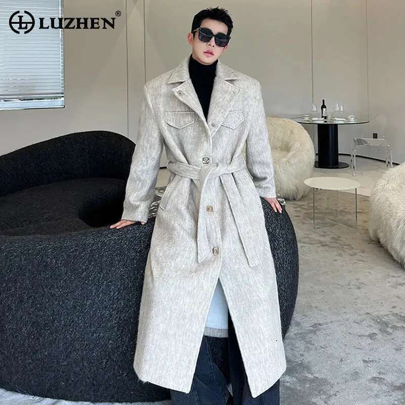 Autumn Winter Men's Woolen Long Trench Coat Thickened Fleece Elegant Street Male Stylish Belt Design Windbreaker