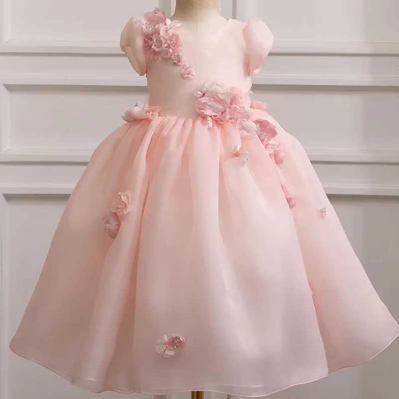 Pink Flower Girl Dresses For Wedding Floral Pearls Tea Length Baby Kids Birthday Ball Gowns Elegant First Communion GownsXJ250108