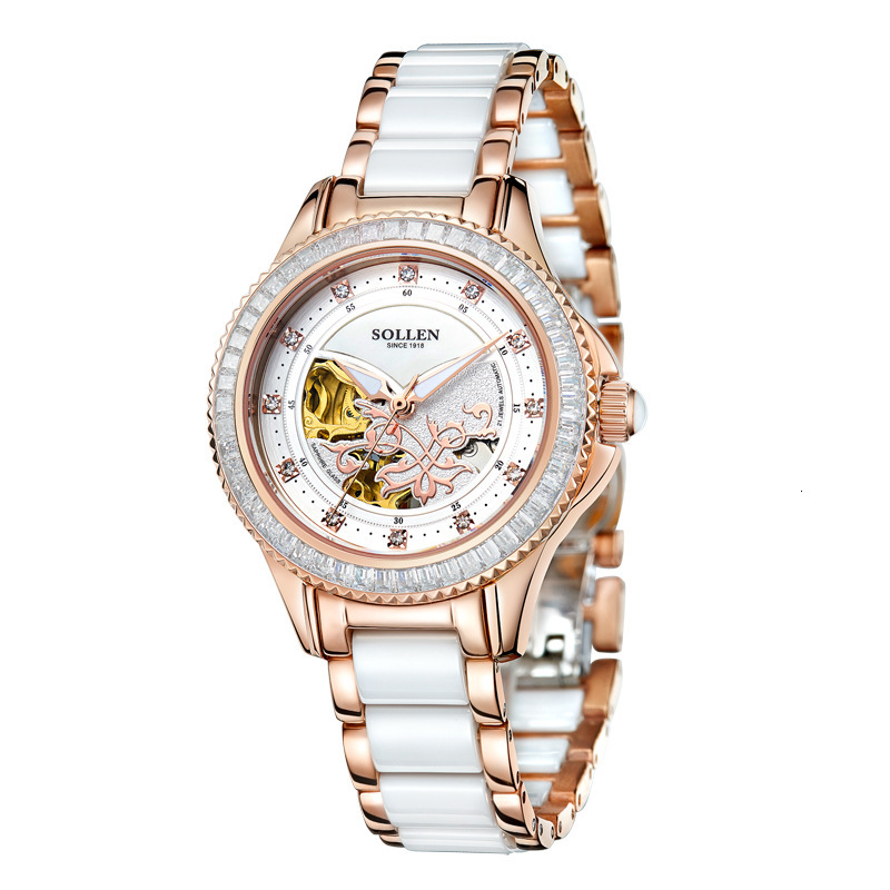 Trendy SOLLEN Women's Automatic Watch with Skeleton Dial and Ceramic Band