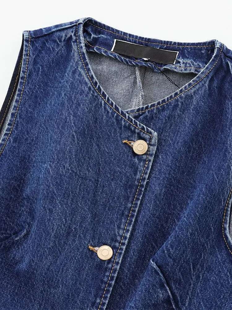 2024 Autumn And Winter New Arrivals Casual All-Match Round Neck Sleeveless Blue Slim Waist Denim Vest