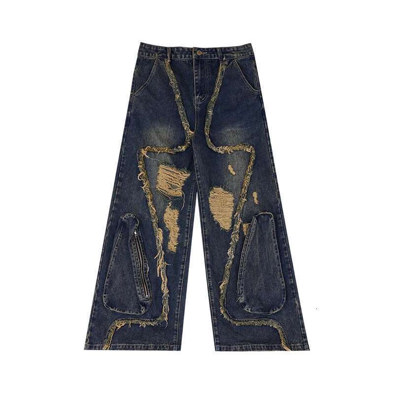 Fashion Wornout Splicing Burr Edge Design Street Denim Pants Men 2024 New Trendy Personalized Original Male Jeans