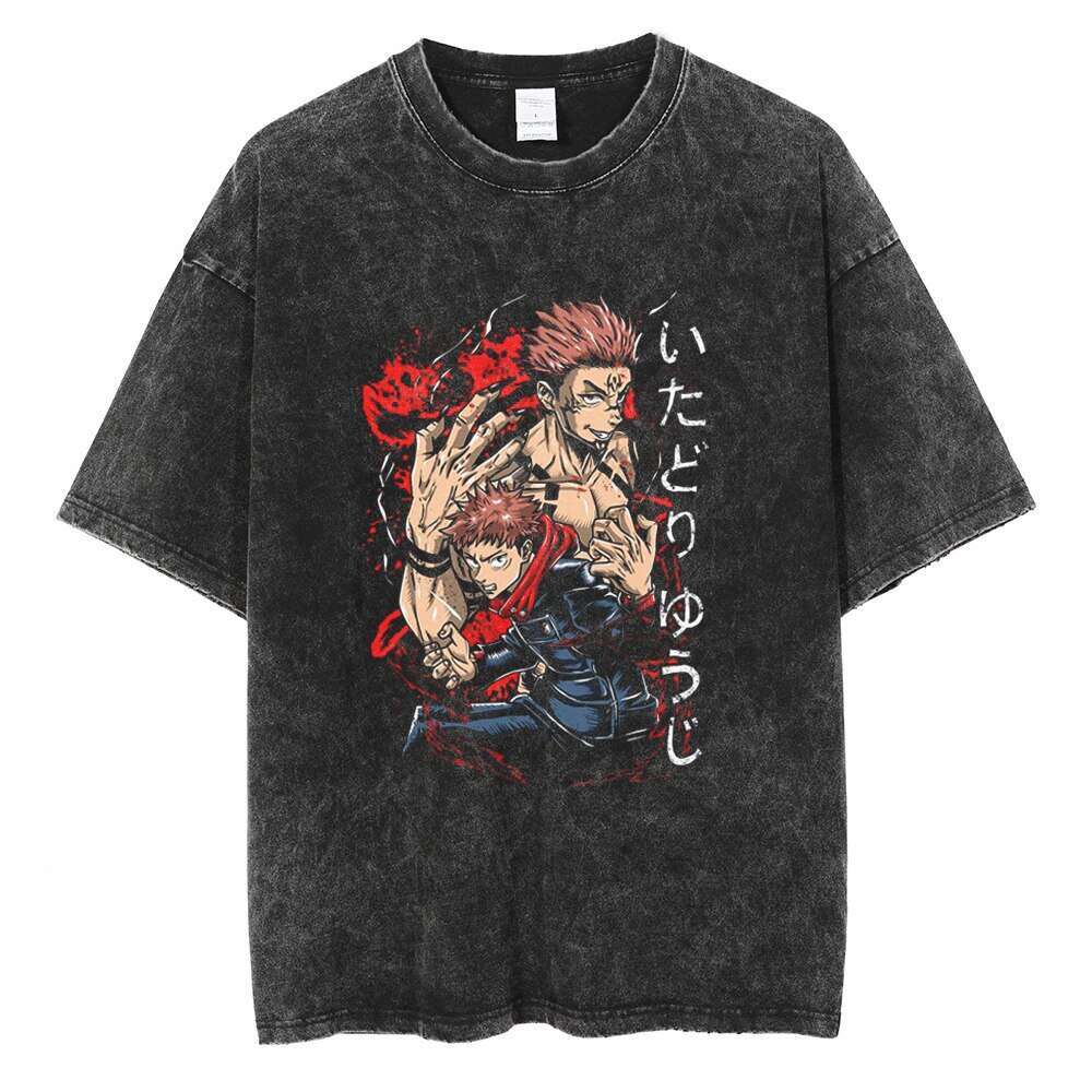Washed t-shirt, street hip-hop anime, five mantras, battle back graphics, casual cotton, summer short sleeve