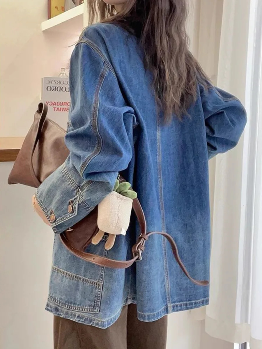 Multiple Pocket Cargo Denim Jacket for Women Spring Autumn Chic Long Sleeve Casual Loose Versatile Jean Coat Outerwear 250109