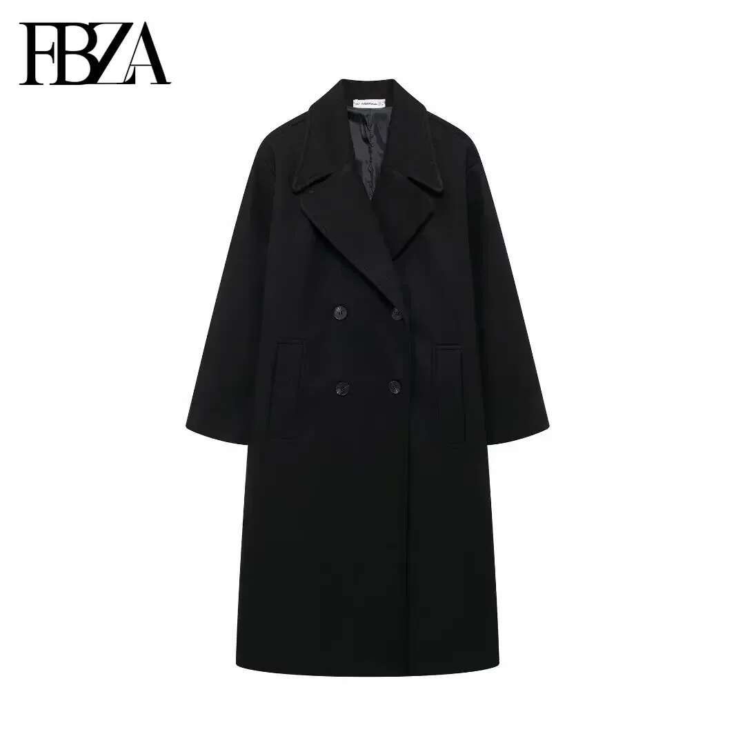FBZA Women Fashion Autumn Winter 2024 New Wool Blend Warmth Loose Long Coat Jacket Double Breasted Lapel Overcoat Trench