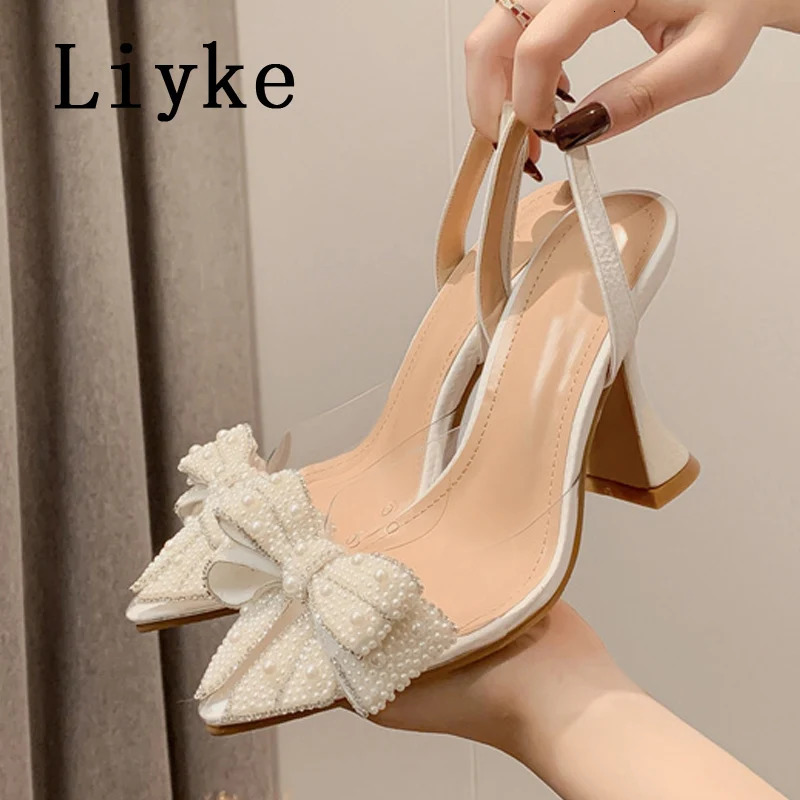 Liyke Summer Fashion Party Dress Slingback Shoes Pearl Bowknot Women Pumps Sexy Pointed Toe White High Heels Transparent Sandals 250106