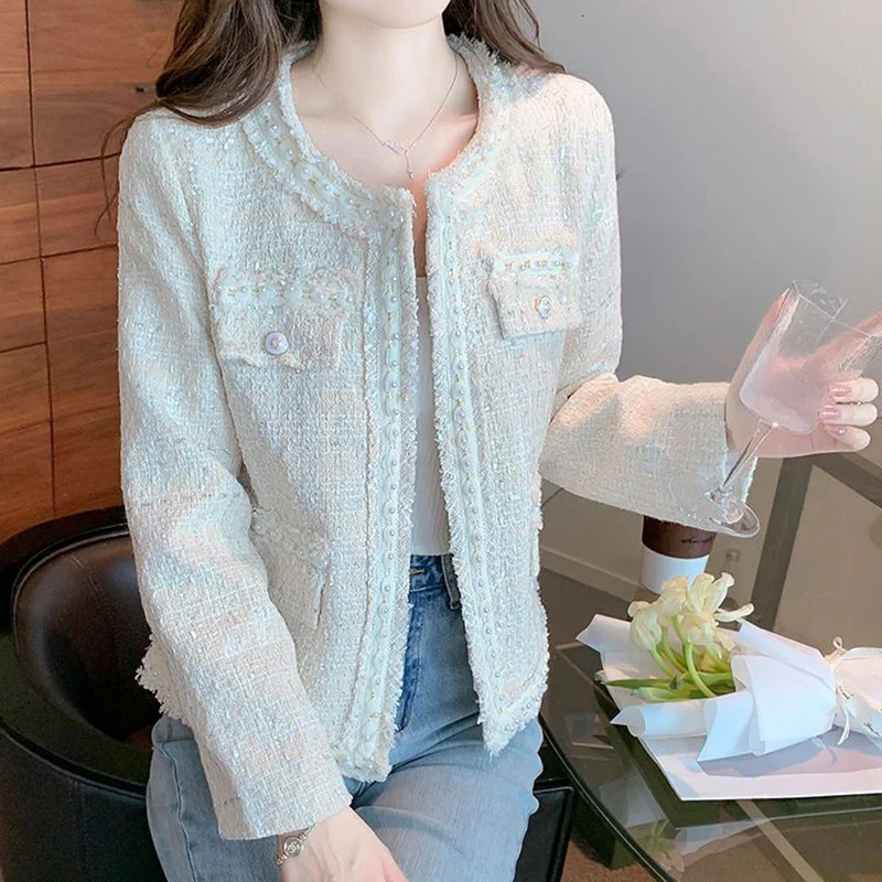 Rimcoy Korean Sweet Tweed Jacket for Women Fashion Pearls Decor Round Neck Dress Coats Woman Long Sleeve Chic Jackets Female 250109