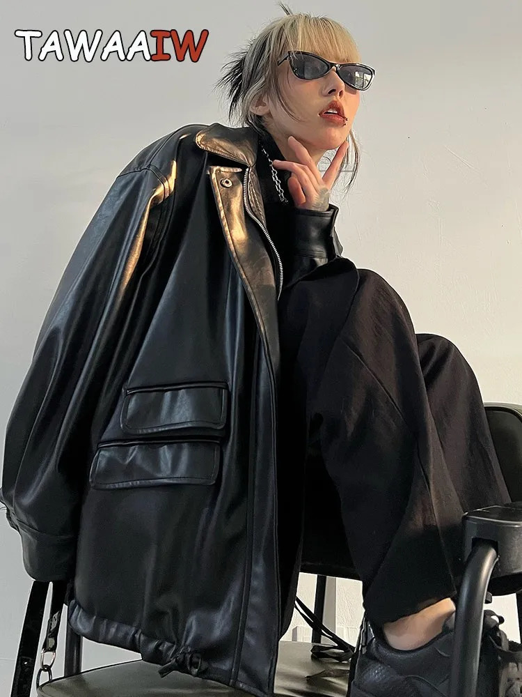 Tawaaiw Streetwear Black PU Leather Coats And Jacket Pocket Long Sleeve Y2K Gothic Autumn Spring Ladies Jackets Outerwear 250103