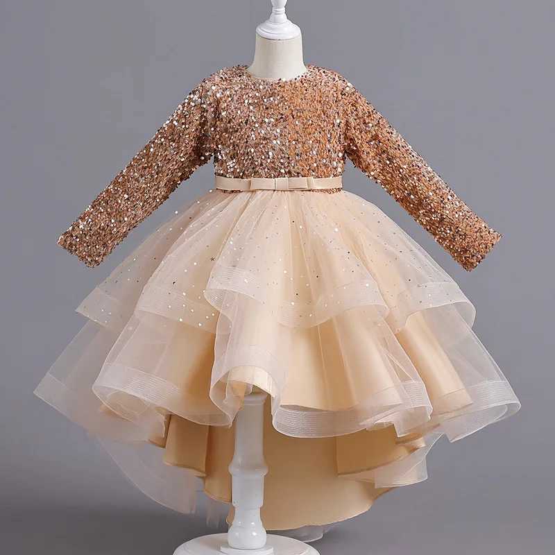 Flower Girls Princess Sequins Wedding Luxury Gown Christmas Par Trailing Dress Kids Long Sleeve Elegant Vestidos For 3-12 YearXJ250108