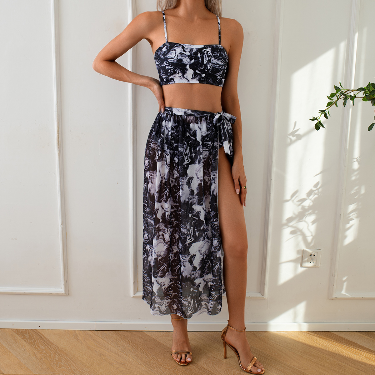 2025 New Three Piece Printed Sexy Mesh Wrap Skirt Beach Bikini Designer Trendy Beach Swimsuit