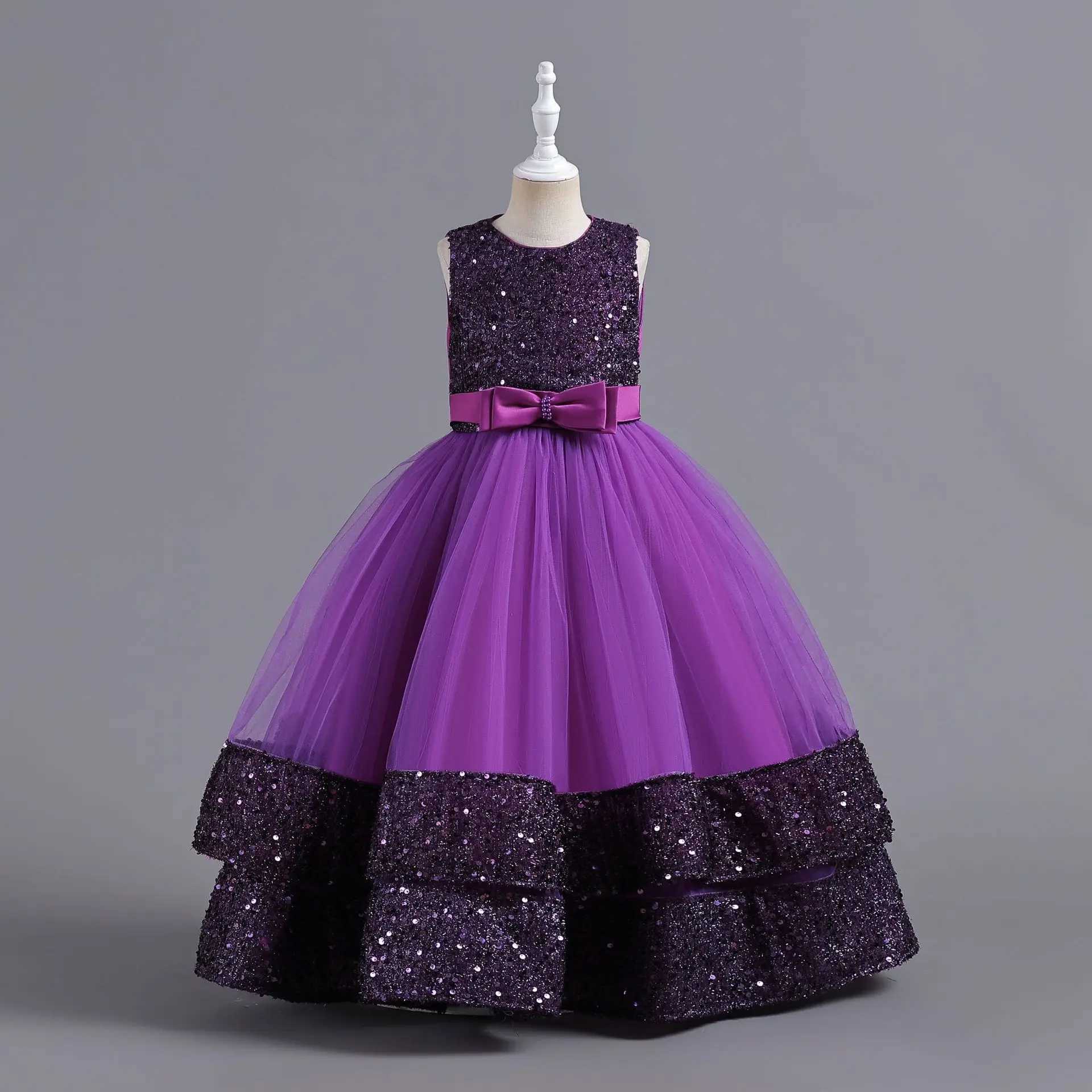 New Childrens Dress Sequin Childrens Dress Bow Princess Dress Flower Girl High-end Piano Wedding Par Performance DressXJ250108