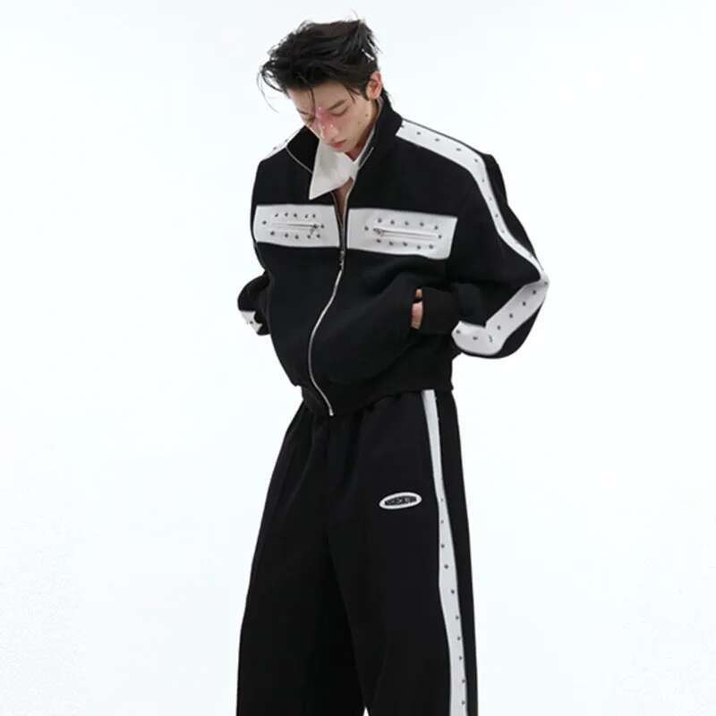 Autumn Winter Metal Rivet Color Contrast Patchwork Sweatshirts Niche Design Casual Men's Straight Sport Pants