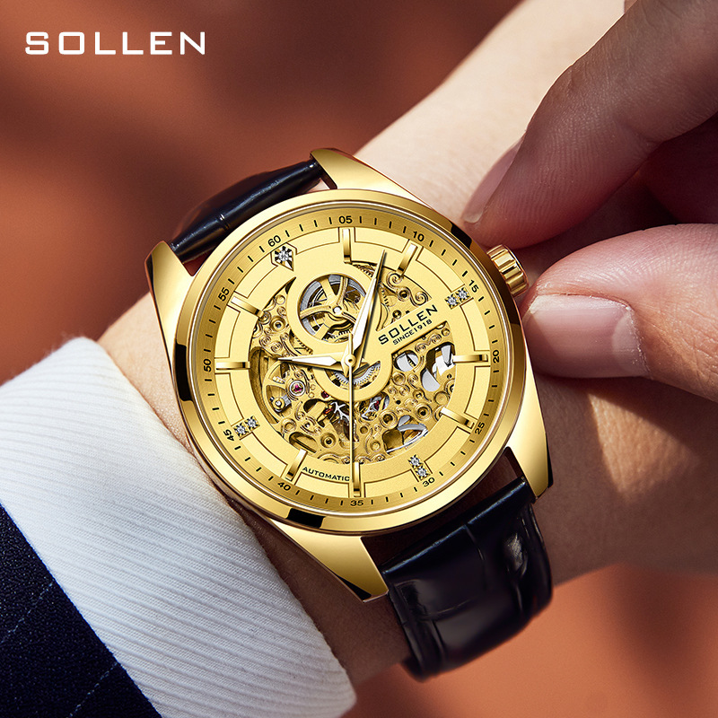 Men's Automatic Mechanical Watch with Night Glow, Waterproof, Skeleton Dial, Gold Face, Tourbillon Business Watch