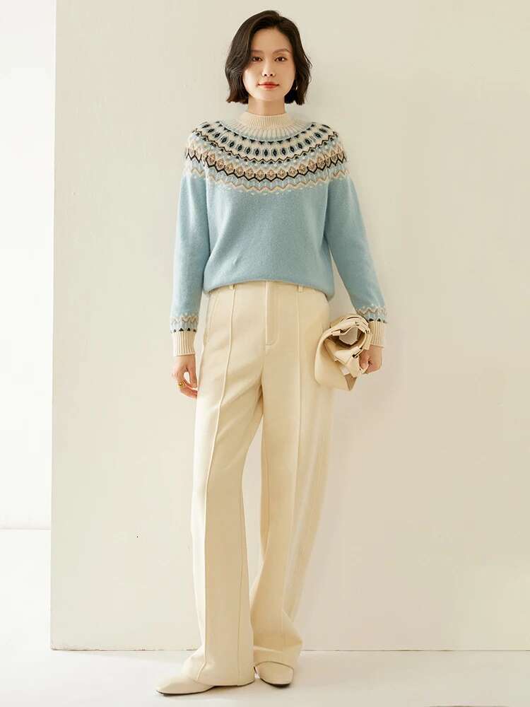 Women's Vintage Faire Isle Mock Neck Pullover Autumn Winter 100% Cashmere Knitwear Thick Jacquard Sweater Tops
