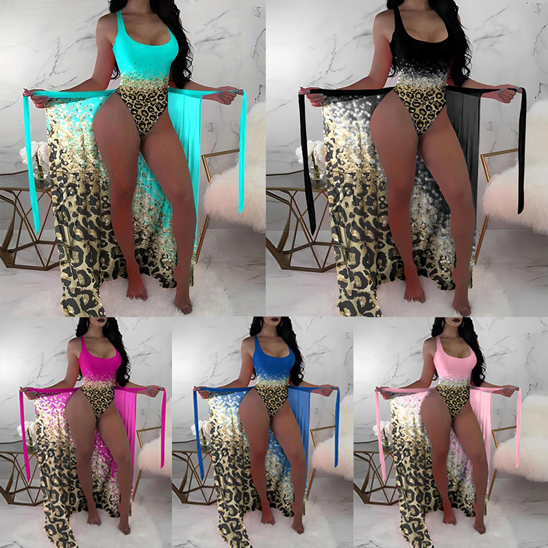 2025 new printed one-piece swimsuit designer women's two-piece set customized leopard print chiffon Tenglong trendy beach swimsuit