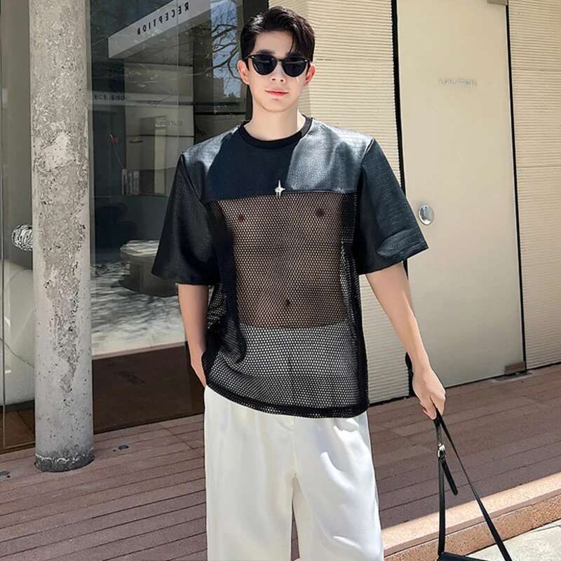 Hollow Out Mesh Splicing Design T-Shirt Short Sleeve Men's 2024 Summer Street High Quality Solid Color Trendy Tops 5C8911
