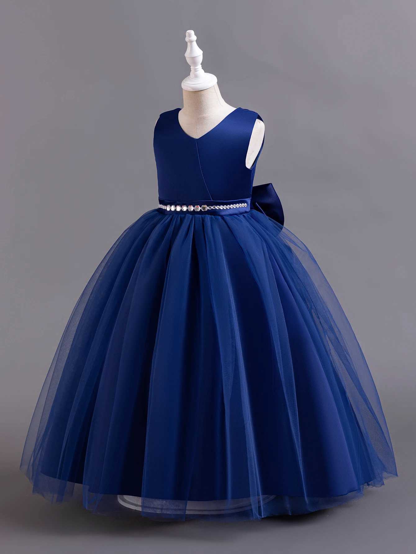 Shining Crystal Belt blue Sleeveless Long Dress for Princess Prom Bow Dresses for 3 to 12 Years GirlsXJ250108