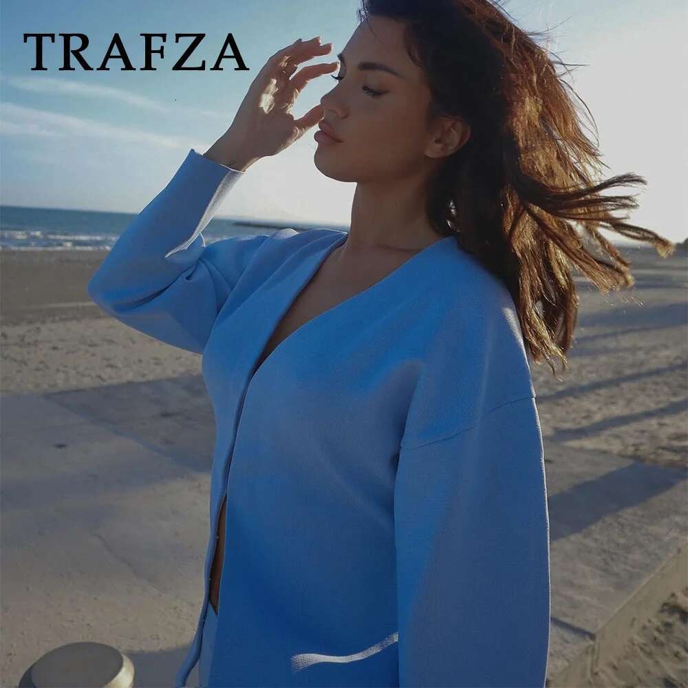 TRAFZA 2025 Spring Summer Sexy Solid Knitted Women Suits Fashion Nightclub V Neck Single Breasted Shirts+Chic Mini Pencil Skirts