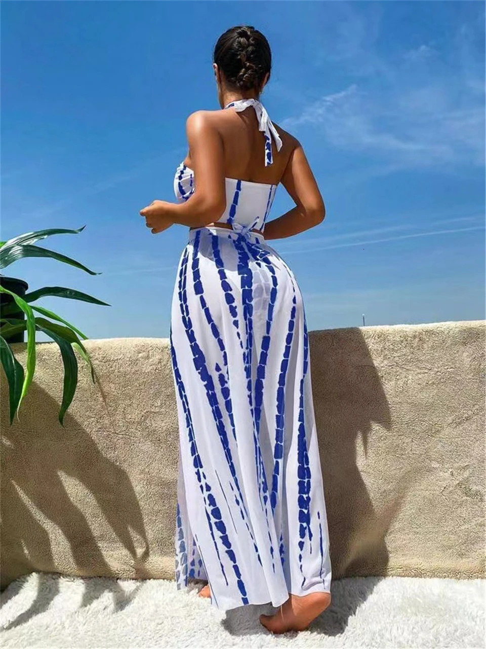 3 Pieces Tie Dye Cross Bikini Women Sexy Halter Swimsuit Cover Up Pants Swimwear Bathers Bathing Swimming Suit Beachwear 250109