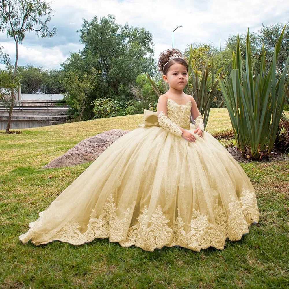 Champagne Tulle Flower Girl Dress For Wedding Long Sleeves With Bow Puffy Floor Length Princess Kids First Communion GownXJ250108