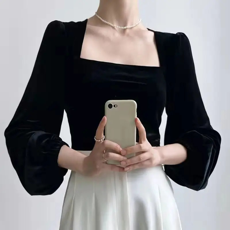 Chic Black Flannel Blouses Women Vintage Lantern Puff Sleeve Velvet Shirts Female French Style Square Collar Casual Tops 250109