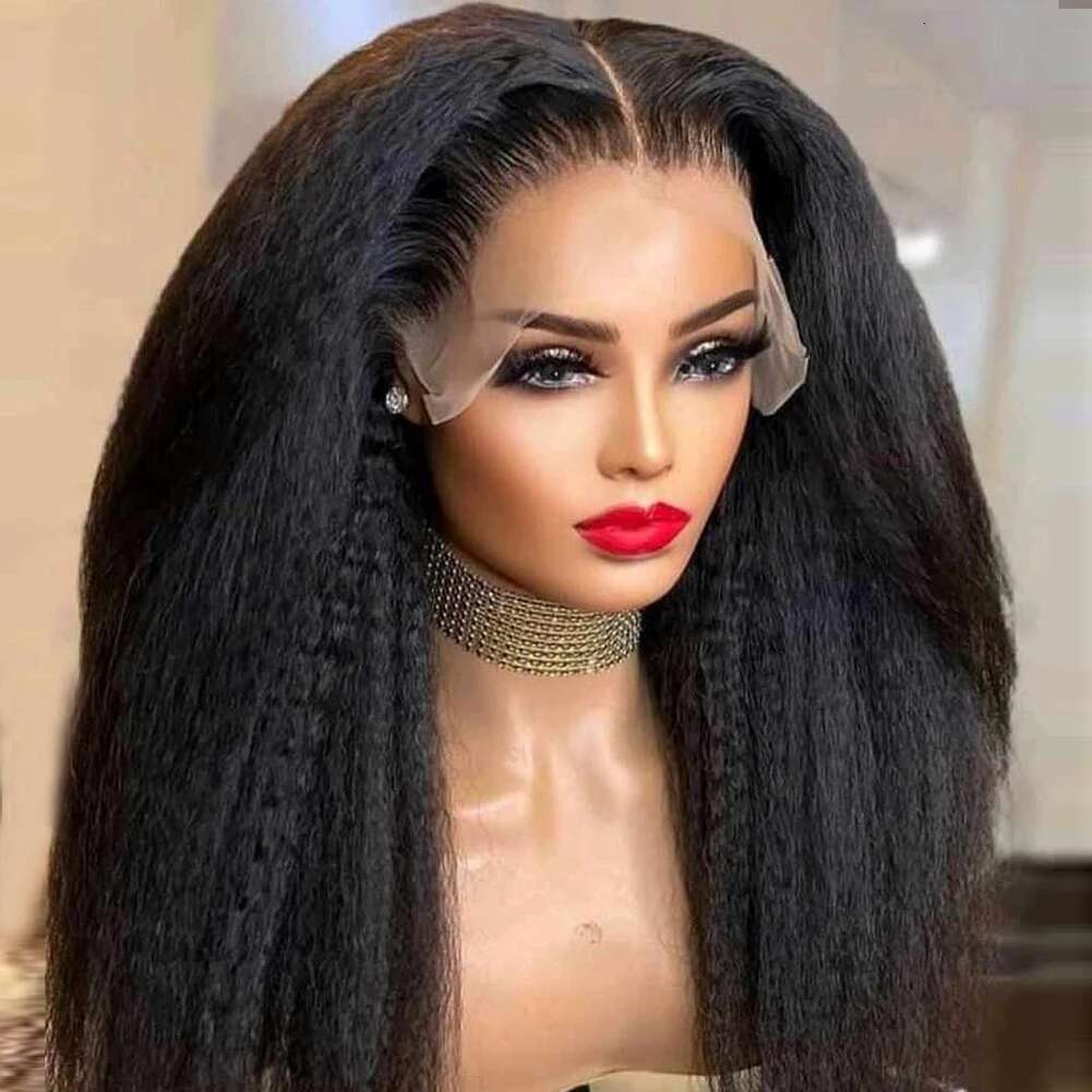 Soft Long Glueless Yaki Natural Black 30Inch 180Density Kinky Straight Lace Front Wig For Women With Baby Hair Preplucked Daily