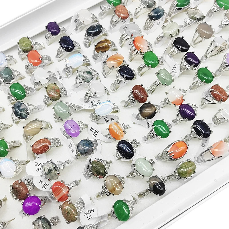 20/50pcs/Lot Wholesale Bohemia Mix Style Natural Stone Finger Rings for Women men Silver Color Party Jewelry Oval Agate Wedding 250106