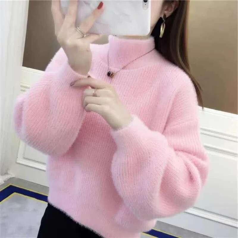 Autumn Winter Imitation Mink Fur Pullover Lazy Style Short Lantern Sleeves Women's Clothing Base Knit Sweater Thick Tops