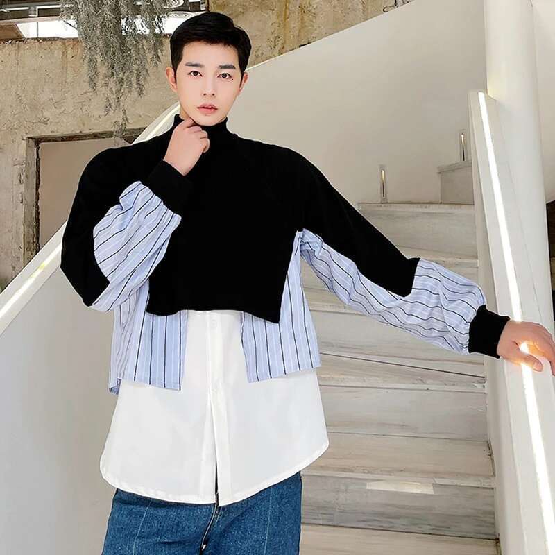 Stripe Color Contrast Patchwork Design Long Sleeve Fake Two Piece Men Autumn New Fashion Personality Sweater