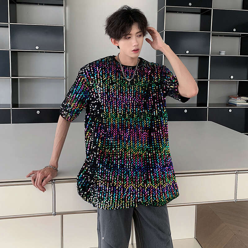 Colorful Sequin Design Personality Trendy Short Sleeved T-Shirts Summer New Original Fashion High Street Men Tops